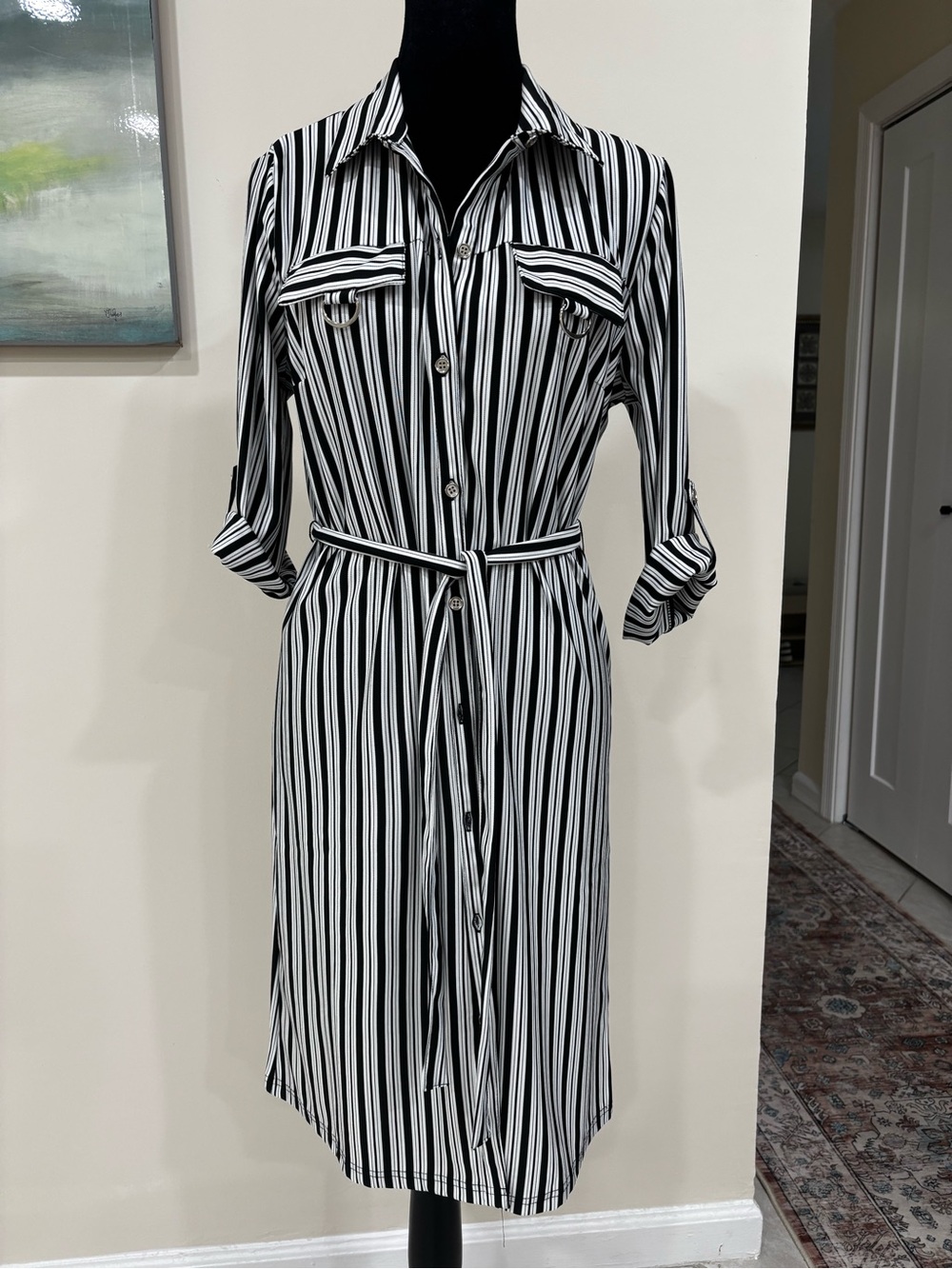 Mlle Gabrielle Black and White Vertical Stripe Midi Shirt Dress